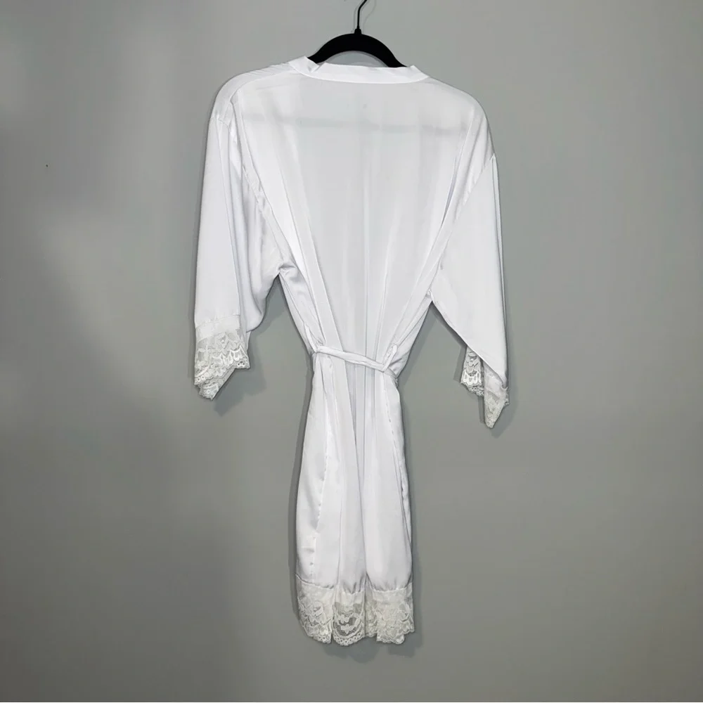 Womens White Satin Lace Trim Robe Short Kimono Bridal Loungewear Tie Waist White